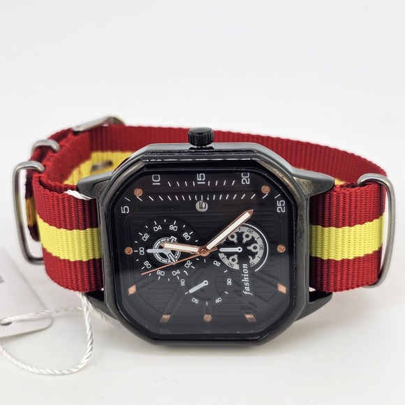 Men's Watch 42MM Black Dial Date Indicator Red Yellow Canvas Bands New Battery - Picture 5 of 12